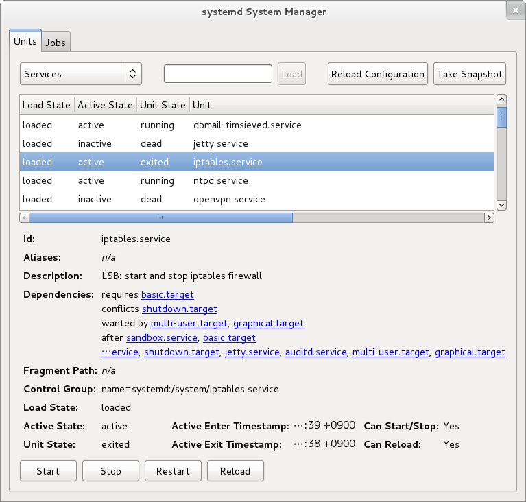 systemd ダイアログでサービスを表示