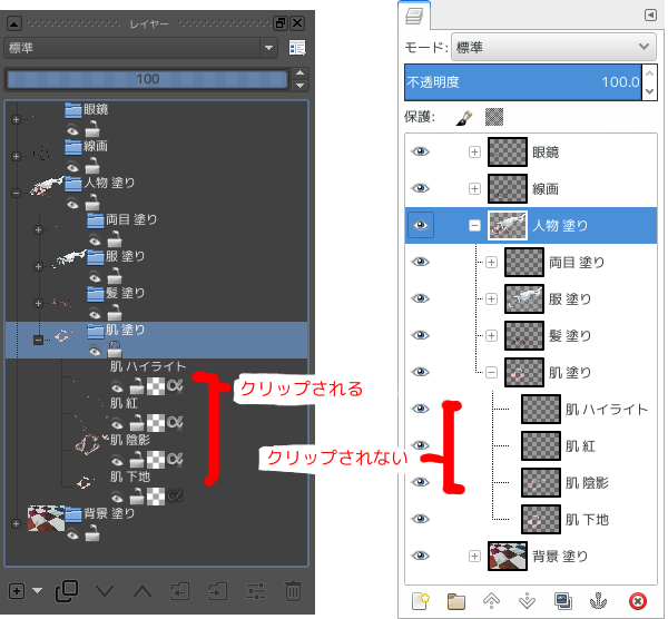 Krita と GIMP のレイヤー動作の違い