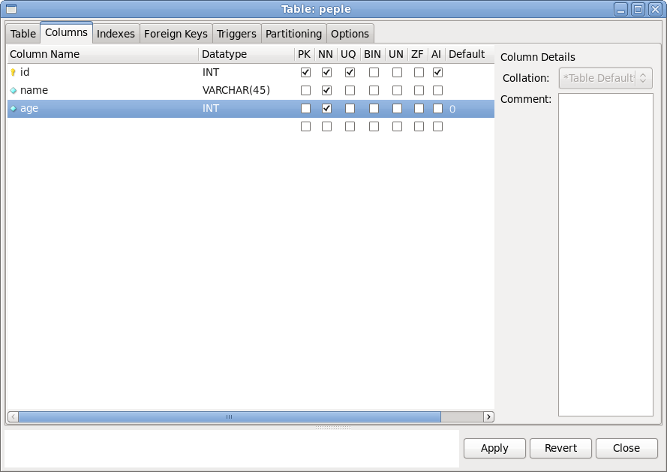 MySQL Workbench テーブル項目作成