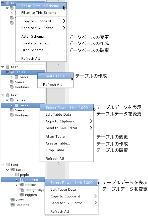 MySQL Workbench 5.2.38 ポップアップメニュー