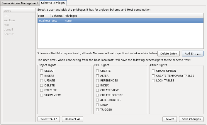 MySQL Workbenchによるアカウント追加　データベース詳細権限設定